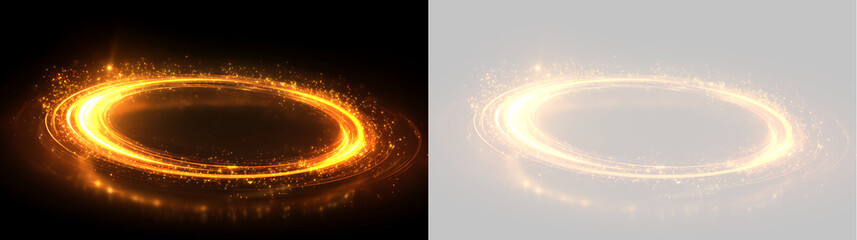 Bright golden magic portal light ring with particles and reflection. Glowing circle effect on black and transparent background © Василий Куриленко