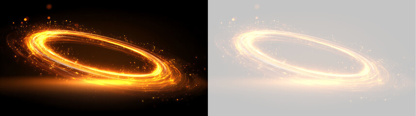 Glowing golden light ring with swirling sparks. Glowing orange portal trail magic effect isolated on black and transparent background © Василий Куриленко