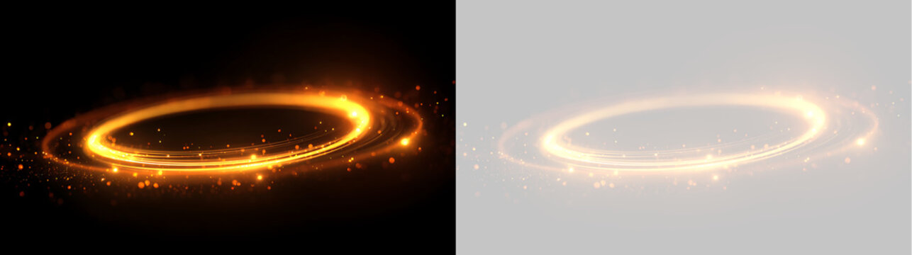 Golden light swirl circle magic ring effect. Glowing particle portal halo isolated on transparent and black background