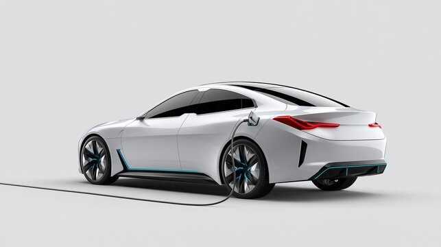 Modern white electric luxury sedan car charging with plugged cable on clean light gray background representing future sustainable zero emission personal urban mobility