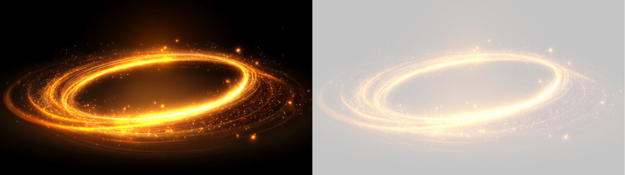 Oval golden light ring swirl effect with sparkling particles. Dynamic magic portal halo on black and transparent background