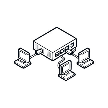 Isometric Network Switch Icon Connected to Multiple Desktop Computers