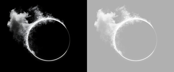 Obraz premium Abstract white glowing smoke ring frame isolated on transparent background. Glowing fog circle border overlay element