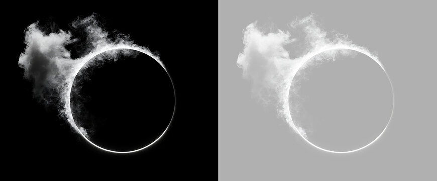 Abstract white glowing smoke ring frame isolated on transparent background. Glowing fog circle border overlay element