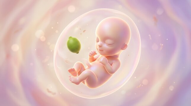 The beautiful beginning of life. A delicate 3D rendering of a human fetus around 11-12 weeks, sleeping peacefully within a soft, glowing, iridescent amniotic realm. Perfect fingers and toes are visibl