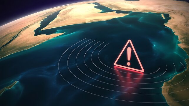 Global alert concept with glowing red warning triangle symbol over earth map showing middle east region for crisis monitoring and security analysis