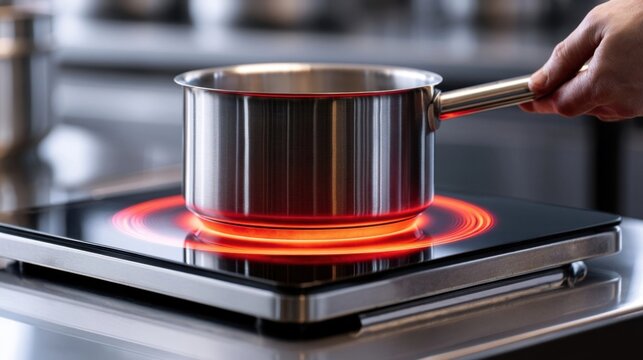 Hand holding stainless steel saucepan on glowing red electric induction cooktop burner
