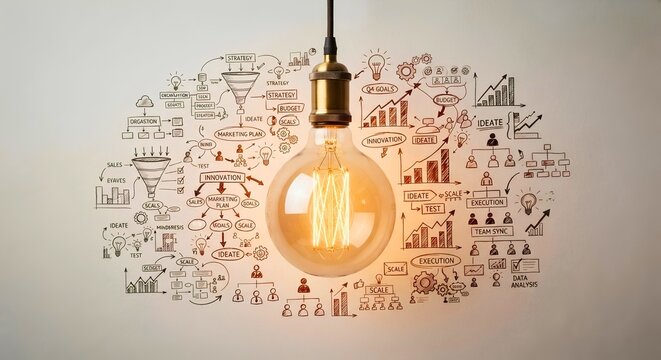Glowing vintage light bulb surrounded by business strategy sketches and charts - Idea innovation concept - Horizontal banner