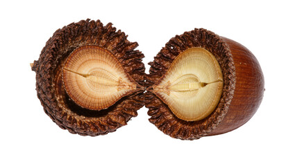 Two halves of a brown acorn with textured caps and visible seed rings, isolated on transparent background © Maria
