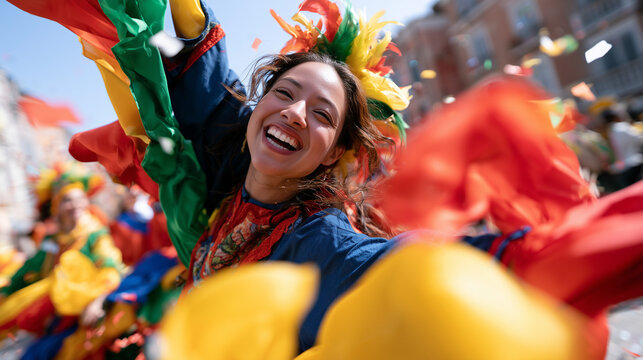 Joyful Participant Wearing Traditional Colorful Costume Dancing at the Global Village Festival Celebrating Culture and Vibrant Community Spirit
