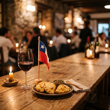 Warm rustic tavern scene with Chilean flag, red wine, and empanadas on wooden table