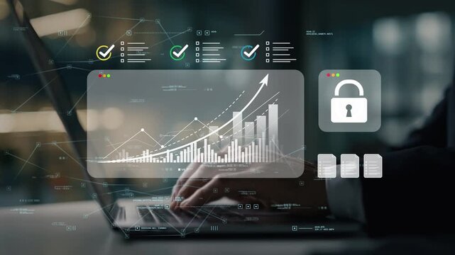 Business professional in futuristic office using secure digital transformation initiative combining cybersecurity controls, business growth chart analytics and enterprise development strategy