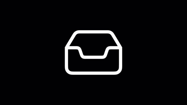 Minimalist white inbox icon animation, digital mail tray motion graphic on black background, clean interface element for email and messaging apps on alpha channel