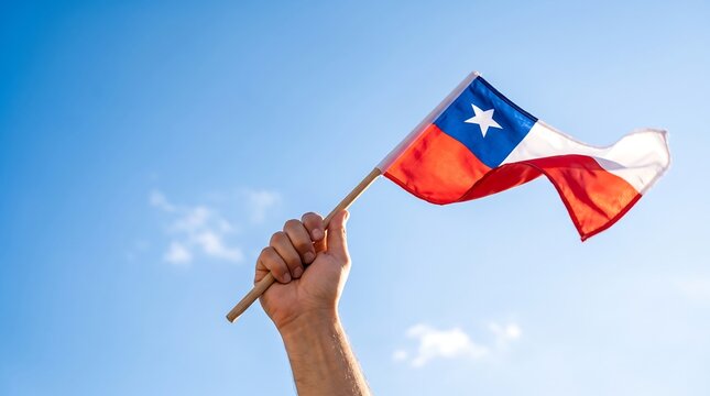 Hand holding Chilean flag waving against clear blue sky, symbol of national pride