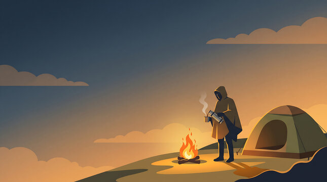 Solo Camper Pouring Coffee by Campfire and Tent at Sunset Vector
