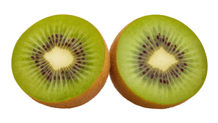 Fototapeta premium Two halves of a ripe kiwi fruit showing green flesh and black seeds, isolated on transparent background