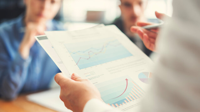 Corporate team analyzing project plan and budget
