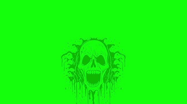 Animated Spooky Horror Dripping Skull Rising Up on Green Screen Chroma Key Background Overlay