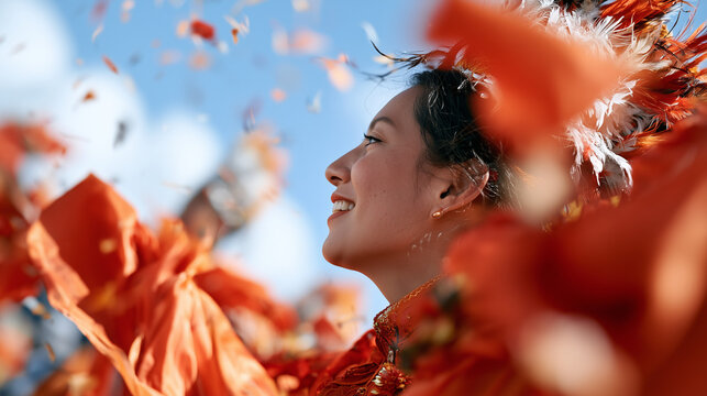 Radiant Performer Celebrating Heritage at the Global Village Festival with Vibrant Traditional Costume and Joyful Expression Under Sunny Skies