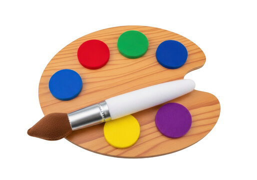 Wooden artist palette with six colorful round paint discs and a white-handled brush with a brown foam tip, isolated against a solid black background