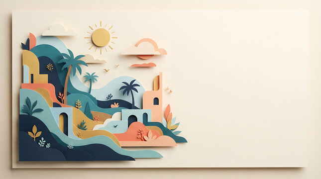 Paper cut tropical landscape illustration. Layered craft art of a sunny coastal resort.