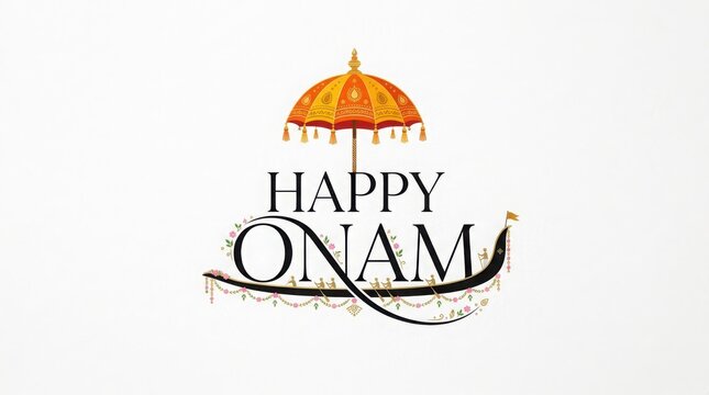 Happy onam greeting card design featuring traditional ceremonial umbrella and snake boat icon on clean white flat backdrop.