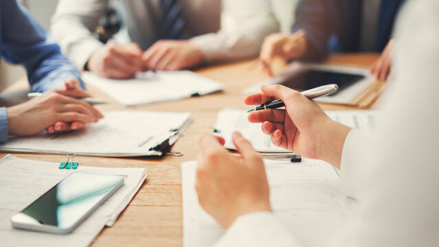 Corporate team analyzing project plan and budget