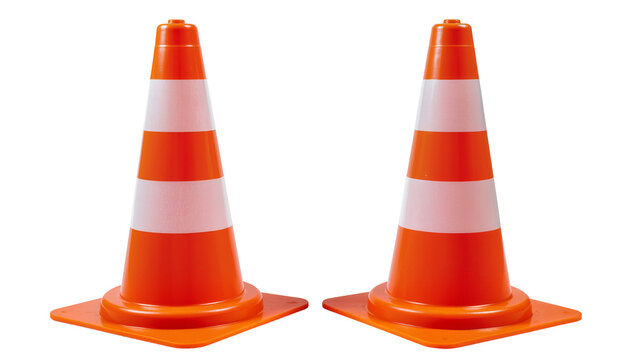 Two orange traffic cones with white reflective stripes, isolated on transparent background