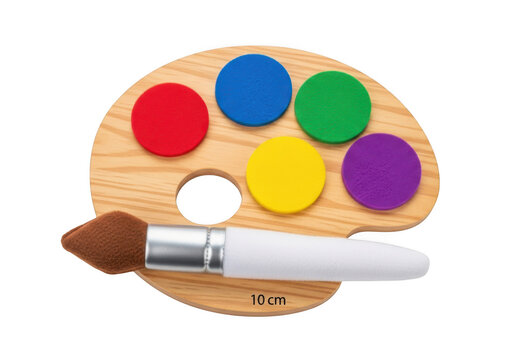 Wooden paint palette with five colorful circular discs and a white handle sponge brush isolated on black background
