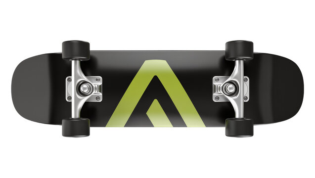 Black skateboard with lime green abstract graphic, isolated on transparent background
