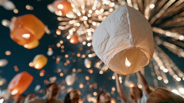 People celebrating at the Global Village Festival with floating sky lanterns and bright fireworks illuminating the night sky during summer