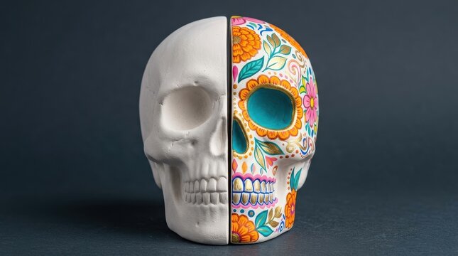 White and Colorful Floral Decorated Ceramic Split Skull on Grey Background