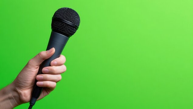 Hand holding a black handheld dynamic microphone against a vibrant green