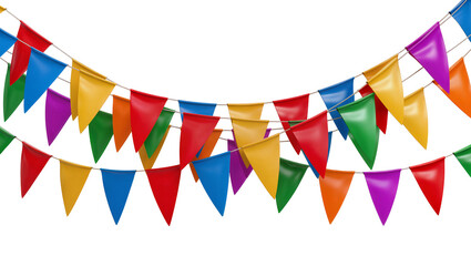 Obraz premium Colorful triangular party flags strung on cords, isolated on transparent background