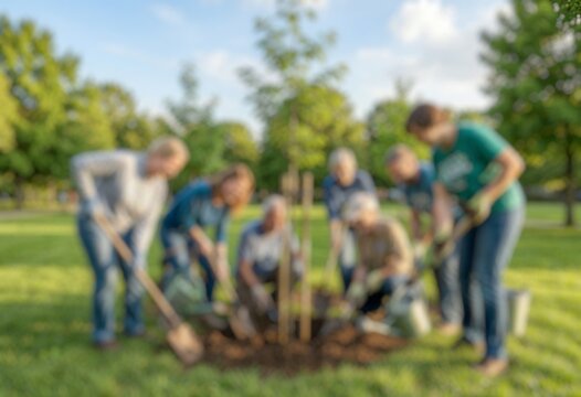 Blur image of people planting trees together to support sustainability and a greener environment.