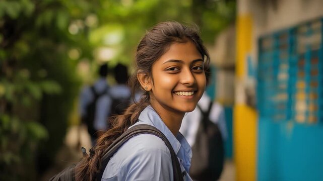 Young Student's Joyful Smile: A bright young student, carrying a backpack and wearing a school uniform, smiles warmly, radiating youthful optimism and excitement for learning.