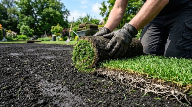 Gardener laying new turf grass rolls in a garden for a fresh green lawn landscape