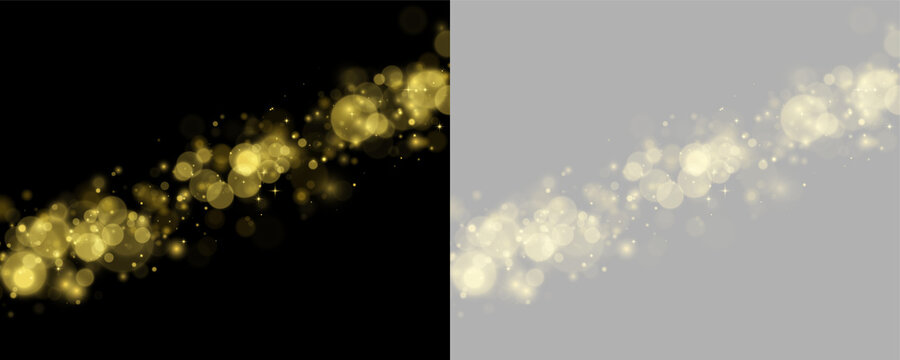 Golden bokeh lights and sparkling particles streaming diagonally on a black background on transparent background