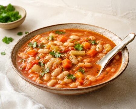 Traditional fasolada soup with tomatoes, carrots, and celery served in a bowl