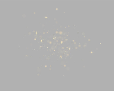 Scattered golden bokeh lights with star-shaped highlights on a black background on transparent background