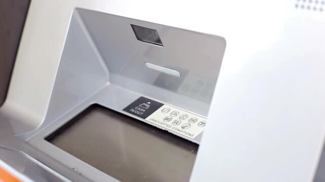 ATM automated tellers lined up inside modern bank lobby with digital screens and electronic interfaces for financial banking transactions in 4K Ultra HD footage
