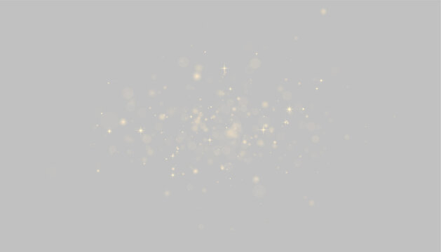 Cluster of scattered golden bokeh lights and small star-shaped sparkles on a black background on transparent background