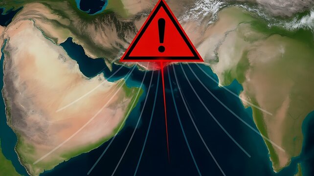 Red warning triangle over a map of the middle east region with lines indicating geographical tension and geopolitical instability or conflict