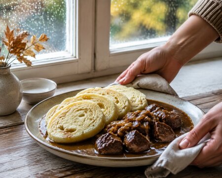 Delicious meal featuring Slovak cabbage soup, Czech potato dumplings, and tender stewed meat served in a cozy setting