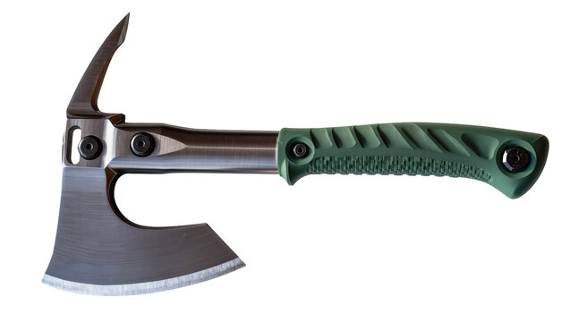 Tactical hatchet with sharp axe blade and spike, isolated on transparent background
