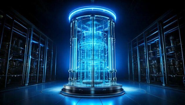 A glowing blue quantum computer or advanced scientific apparatus stands prominently in a dark, high-tech server room, surrounded by racks of equipment.