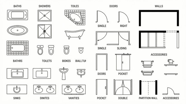 Bathroom architectural floor plan symbols set featuring black outline icons for baths showers toilets doors walls and vanity sinks designed for professional interior design project blueprints