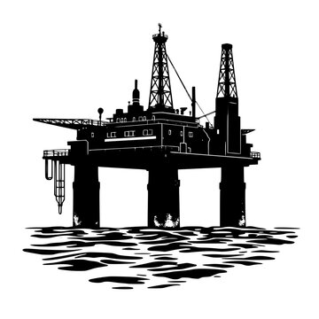 Offshore oil platform silhouette vector illustration of an industrial drilling rig in the ocean for energy and environment concepts.