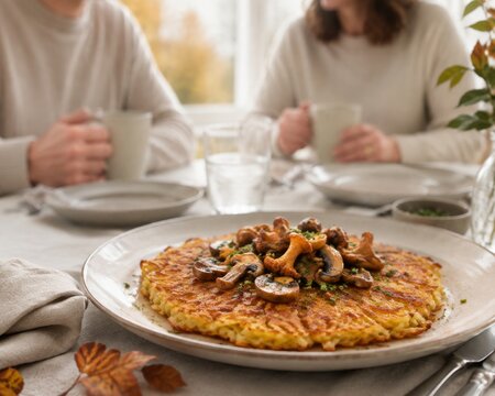 Enjoying a hearty meal of potato pancakes with mushroom sauce in a cozy setting