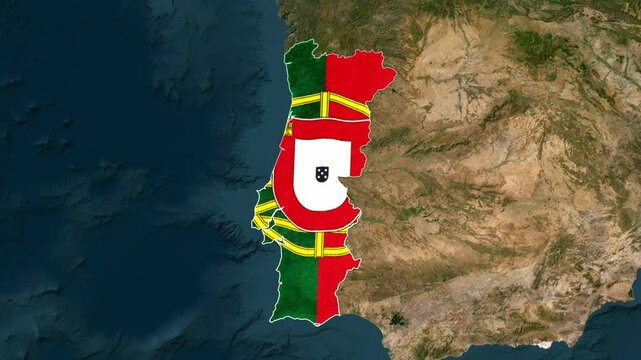 Map of portugal with national flag texture, overlaid on a satellite view of the iberian peninsula, representing european geography